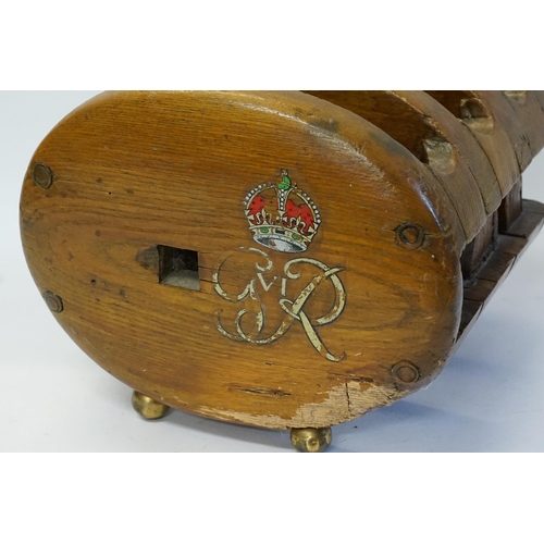 721 - A Ship's three division Oak Pulley with Transfer Decoration of George VI insignia converted into a M... 