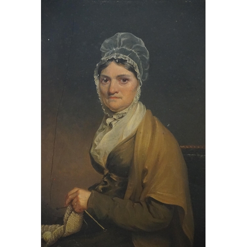 772 - A Georgian Period Oil on Canvas of a Young Lady Knitting with a lace Bonnet & Shawl. Maker of Frame:... 