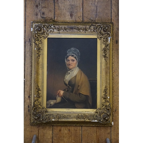 772 - A Georgian Period Oil on Canvas of a Young Lady Knitting with a lace Bonnet & Shawl. Maker of Frame:... 