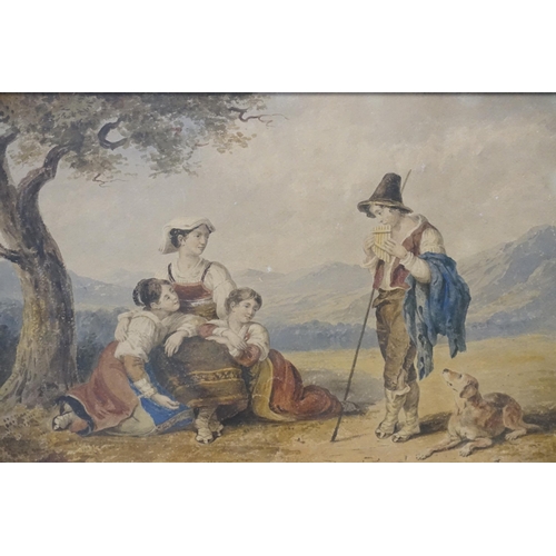 778 - A Victorian Water Colour of the Pipers Farewell depicting a Piper with three attentive females in Fr... 