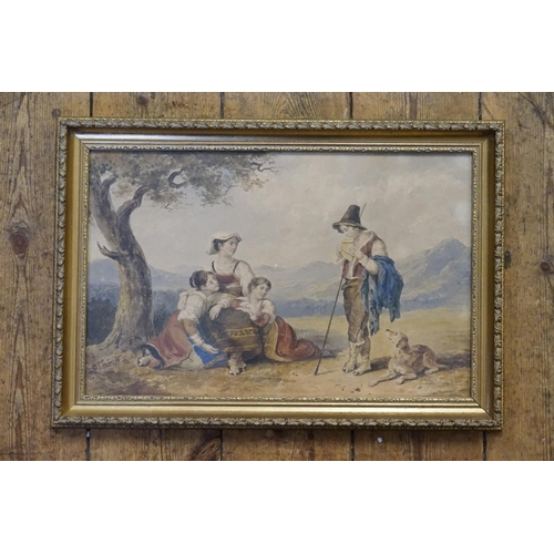 778 - A Victorian Water Colour of the Pipers Farewell depicting a Piper with three attentive females in Fr... 