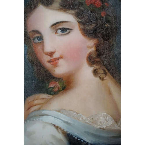 780 - A Victorian Painting on Glass of a Young Victorian Beauty with flowers in her hair, Framed. Measurin... 