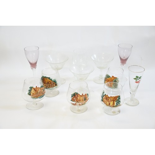 666 - 5 x French Brandy Glasses with Scenes of Houses along with other Glasses.