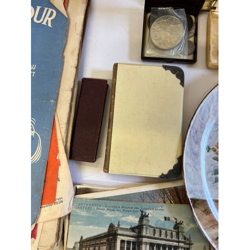 610 - A Silver Mounted Bible, a Safety Pin, Post Cards, a folder & a Satchel.