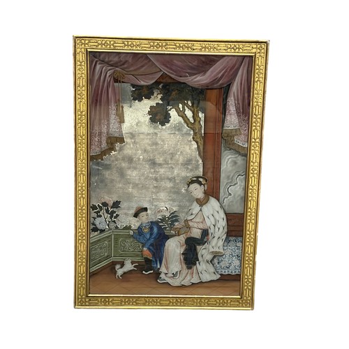 272 - A Scarce 18th Century Chinese Export Mirror Painting contained in a Gilt Frame. Measuring: 60cms x 9... 