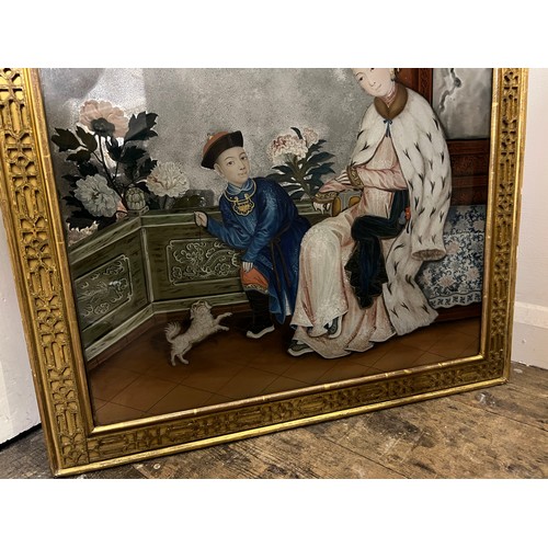 272 - A Scarce 18th Century Chinese Export Mirror Painting contained in a Gilt Frame. Measuring: 60cms x 9... 