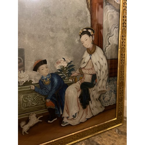 272 - A Scarce 18th Century Chinese Export Mirror Painting contained in a Gilt Frame. Measuring: 60cms x 9... 