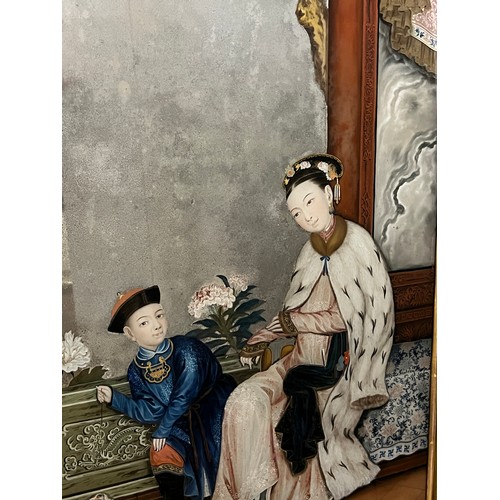 272 - A Scarce 18th Century Chinese Export Mirror Painting contained in a Gilt Frame. Measuring: 60cms x 9... 