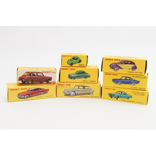 109 - A Collection of 8 x French Dinky/Norev models to include 24L - Peugeot 402 Taxi, 1407 - Simca 1100, ... 