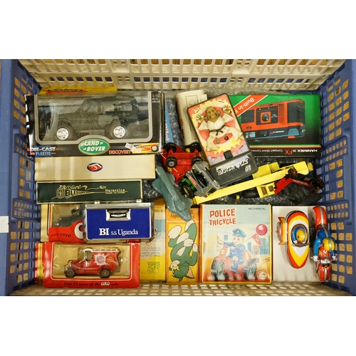 640 - A Collection of Toys to include a Boxed Budgie Train, A Soap Plane, Crane, Digger, Police Cycle, Pop... 