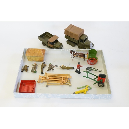 569 - A Tray of Britains models to include 2 x Military Truck, 6 x Soldiers, Horse & Cart, Timpo Farm Fenc... 