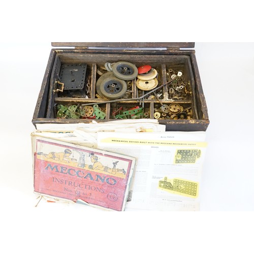 629 - A Wooden Box containing a Collection of Original Red & Green Meccano including Metal Strips, Wheels,... 