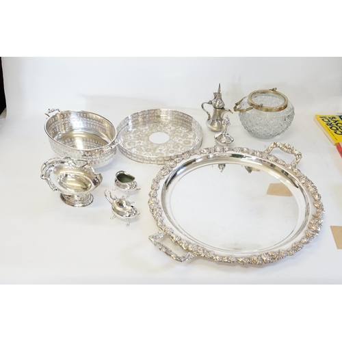 139 - An Electro Plate on Copper Circular Drinks Tray, Pyrex Holder, Biscuit Barrel & various Silver Plate... 