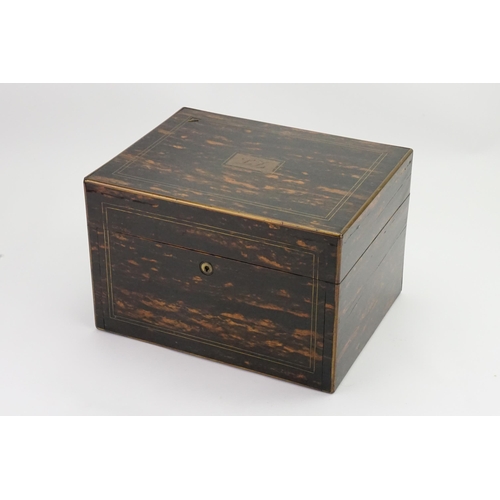 610 - A Ladies Victorian Coromandel Wood Travelling Toilet Box with a fitted interior, glass bottles & fit... 