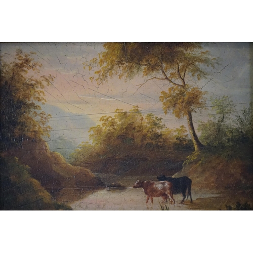 936 - An 18th Century Oil on Board of Cattle at a River Crossing, Ipswich Depository Label. Measuring: 21c... 