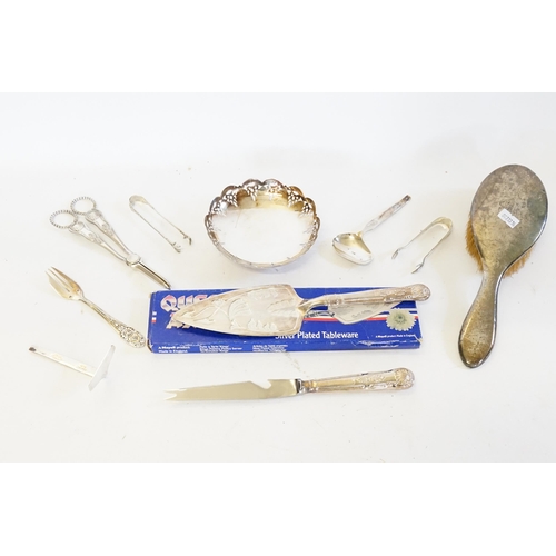 141 - A Silver mounted Hair Brush, Silver Plated Grape Scissors, Pin Dish, etc.