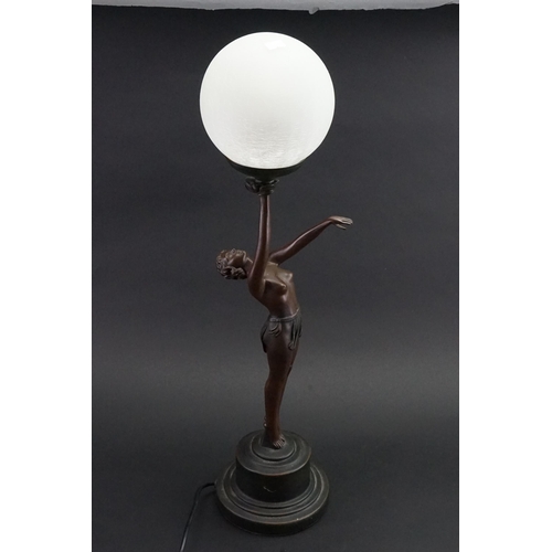 585 - An Art Deco design Table Lamp with Globular Crackle Glass Shade depicting a Semi-Nude Young Girl hol... 