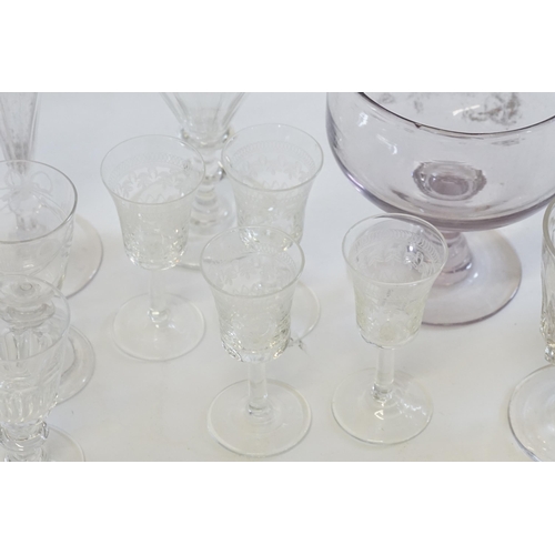 626 - A cut glass Rummer with engraved decoration, purple tinted ditto, Four Various Cut Glass Flutes, etc... 