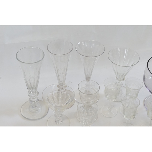 626 - A cut glass Rummer with engraved decoration, purple tinted ditto, Four Various Cut Glass Flutes, etc... 