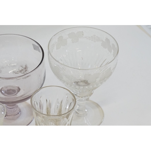 626 - A cut glass Rummer with engraved decoration, purple tinted ditto, Four Various Cut Glass Flutes, etc... 