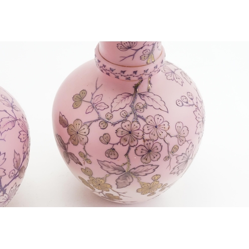 623 - A Pair of French Pink Opalescent & Floral painted Vases by the maker 