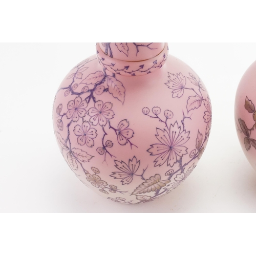 623 - A Pair of French Pink Opalescent & Floral painted Vases by the maker 