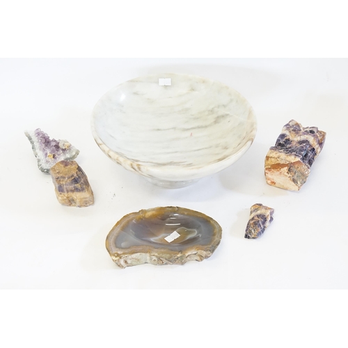 877 - A Turned Stone Tazza, Amethyst Geodes & an Agate Ashtray.