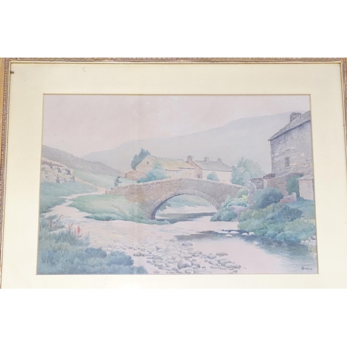 925 - J.S. Monogram - 3 x Water Colours of Country Scenes, Bridge & Church. Framed & Glazed.