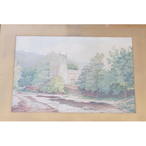 925 - J.S. Monogram - 3 x Water Colours of Country Scenes, Bridge & Church. Framed & Glazed.