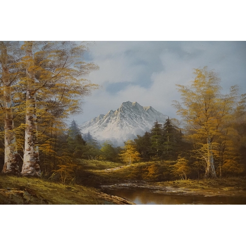 923 - An Oil on Canvas Mountainous Landscape with Trees & Steam. Signed ALMON