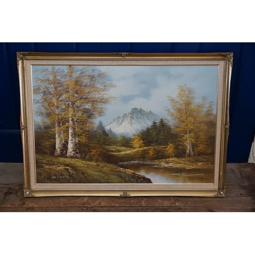 923 - An Oil on Canvas Mountainous Landscape with Trees & Steam. Signed ALMON