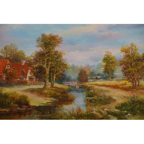 924 - An Oil on Canvas Country Lane with Cottages & Bridge.