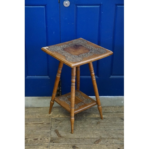 565 - A Late 19th Century Square Chip Carved Table in Chestnut with under tier. Measuring: 43cms across.