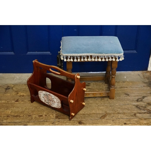 562 - An Oak Stool on turned legs along with a Magazine Rack.