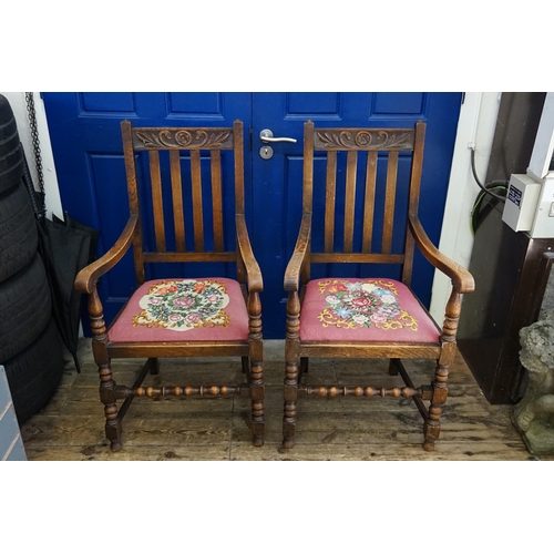 560 - A Pair of Tapestry Covered Chairs Hallway Carvers.