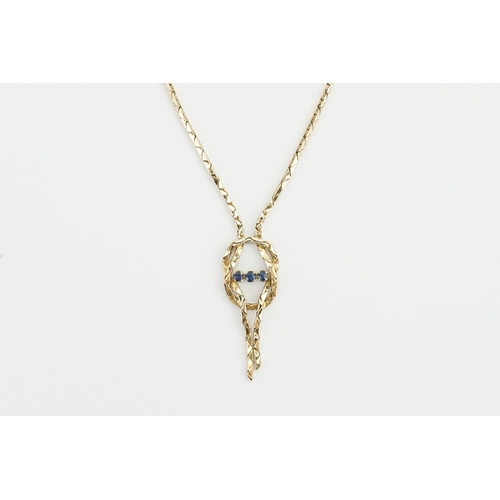 160 - An 18ct Gold Sapphire knot effect necklace, set with three Sapphires. Makers mark WWD, date letter E... 