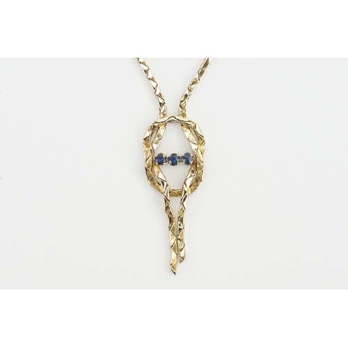 160 - An 18ct Gold Sapphire knot effect necklace, set with three Sapphires. Makers mark WWD, date letter E... 