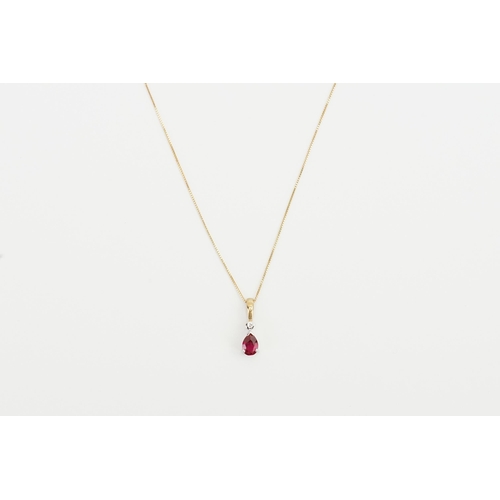 163 - A 9ct Gold Ruby set necklace, set with one pear shaped Ruby and Diamond. Marked K DIA on pendant. Le... 