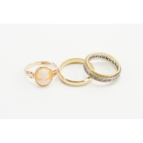 165 - A 9ct Gold wedding band (size Q/R), along with a 9ct Gold cameo set ring (size N), and one other rin... 