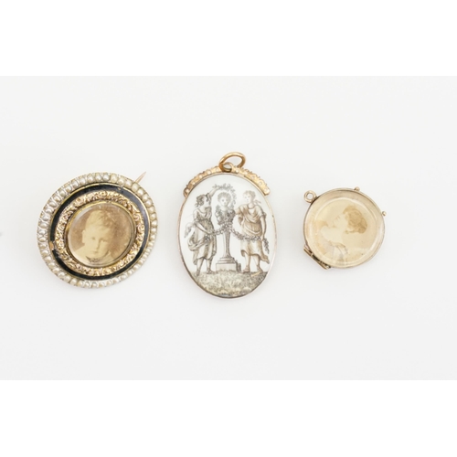 155 - A collection of three portrait pendants, to include one engraved pendant, a pearl and enamelled broo... 