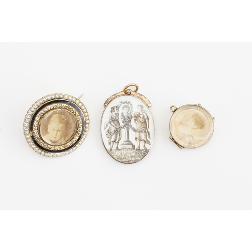 155 - A collection of three portrait pendants, to include one engraved pendant, a pearl and enamelled broo... 