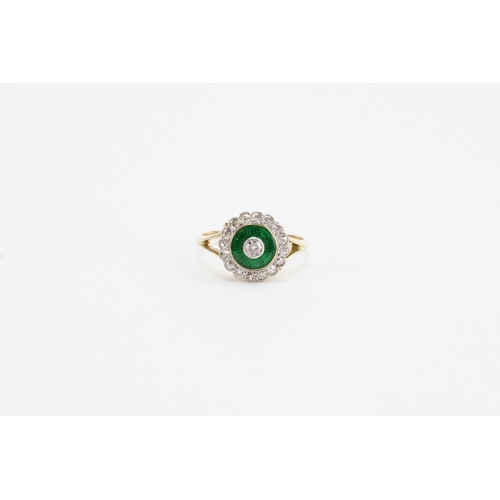 200 - A 9ct Gold diamond and enamel set ring. In the floral design, set with 16 chip diamonds and one slig... 