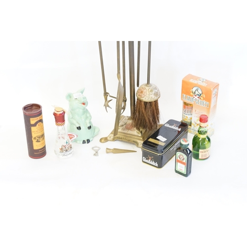 909 - A Green Glazed Piggy Bank, a Four Piece Fireside Set & various Miniatures.