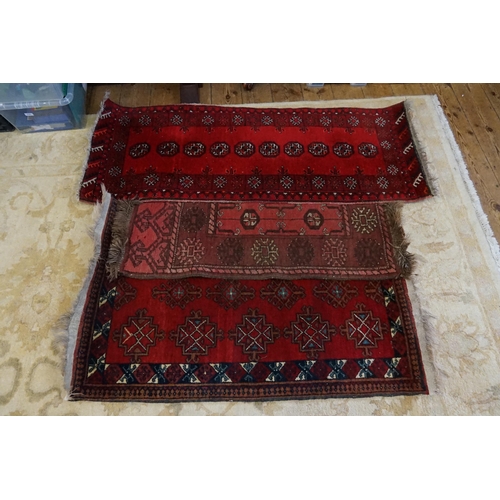 578 - Three Rust, Blue & Cream Geometric designed Rugs with Fringed Borders. Measuring: