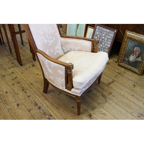 519 - An Edwardian design Easy Chair with fluted arms & legs, Curved Back & covered in a Pink Damask mater... 