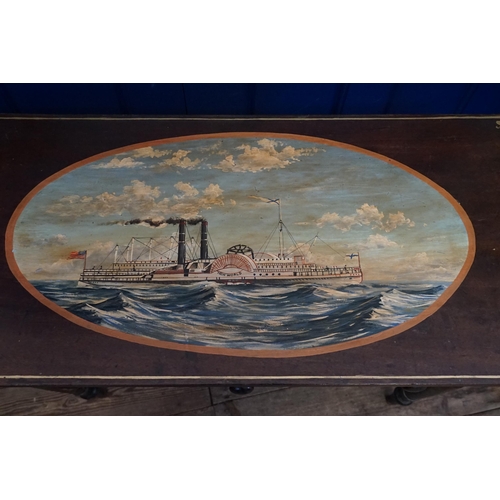 524 - A Victorian Painted Three Drawers Side Table with an inset of a Paddle Steamer called 