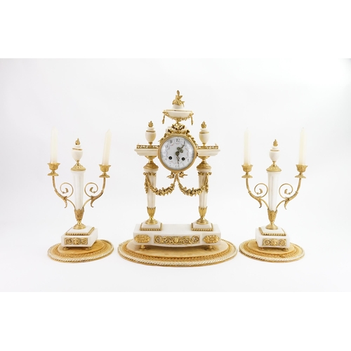 340 - A French Design Gilt, Brass & Alabaster Louis XVI Mantle Clock decorated with Floral Garlands, Ribbo... 