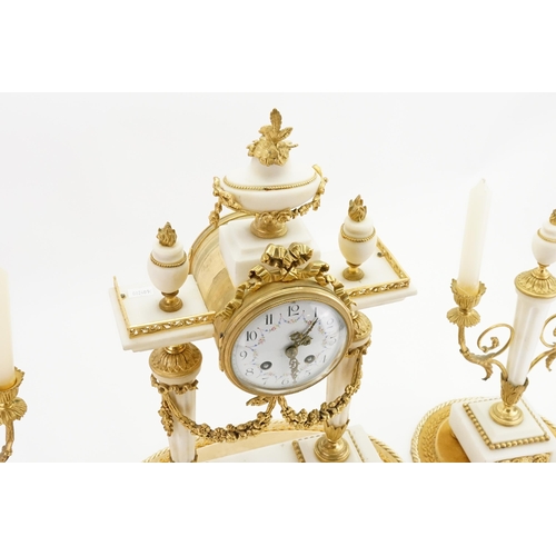 340 - A French Design Gilt, Brass & Alabaster Louis XVI Mantle Clock decorated with Floral Garlands, Ribbo... 