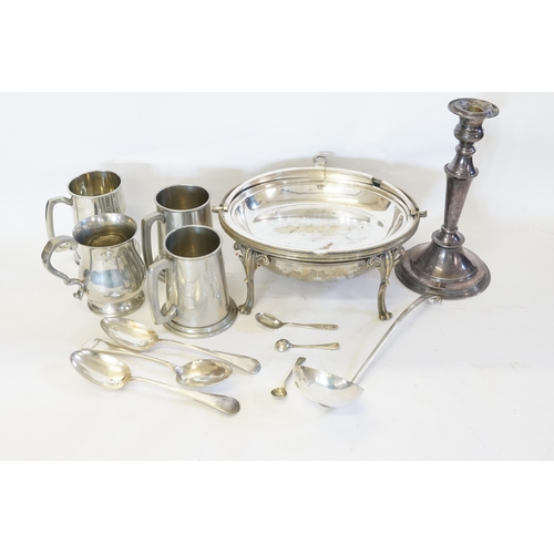 134 - A Silver Plated Roll Top Breakfast Dish, a Silver Plated Candlestick, an Albany Soup Ladle & various... 