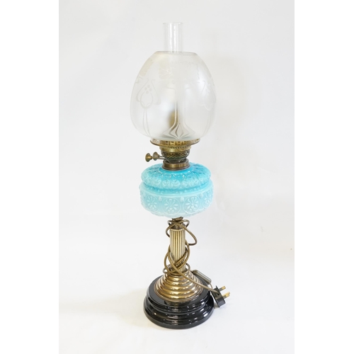 582 - An Art Nouveau Brass & Blue Glass Reservoir Table Lamp with a Frosted Shade on Base & later converte... 